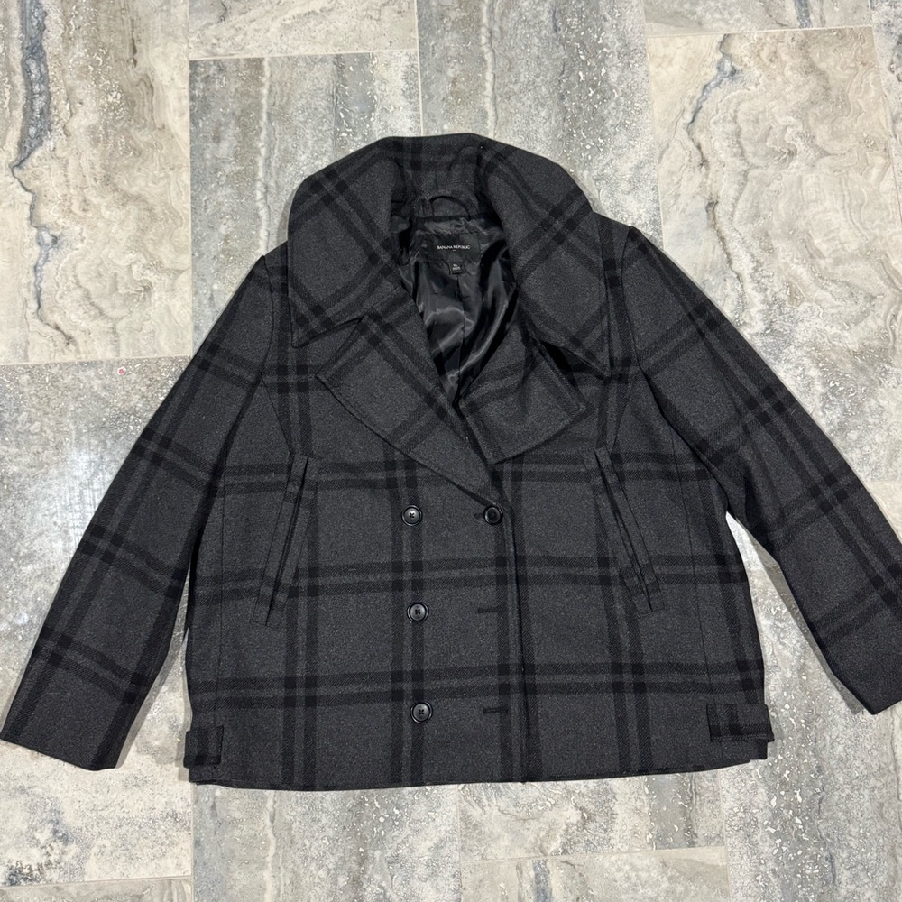 Banana Republic Charcoal Plaid Double-Breasted Pea Coat